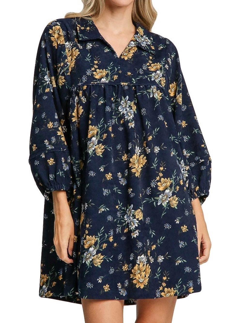Umgee Navy Floral Corduroy Collar Detail V-Neck Balloon Sleeve Dress Size L